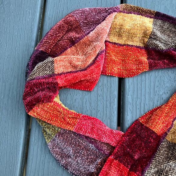 Red orange plaid patchwork scarf, cozy fall preppy light academia teacher - Picture 7 of 7